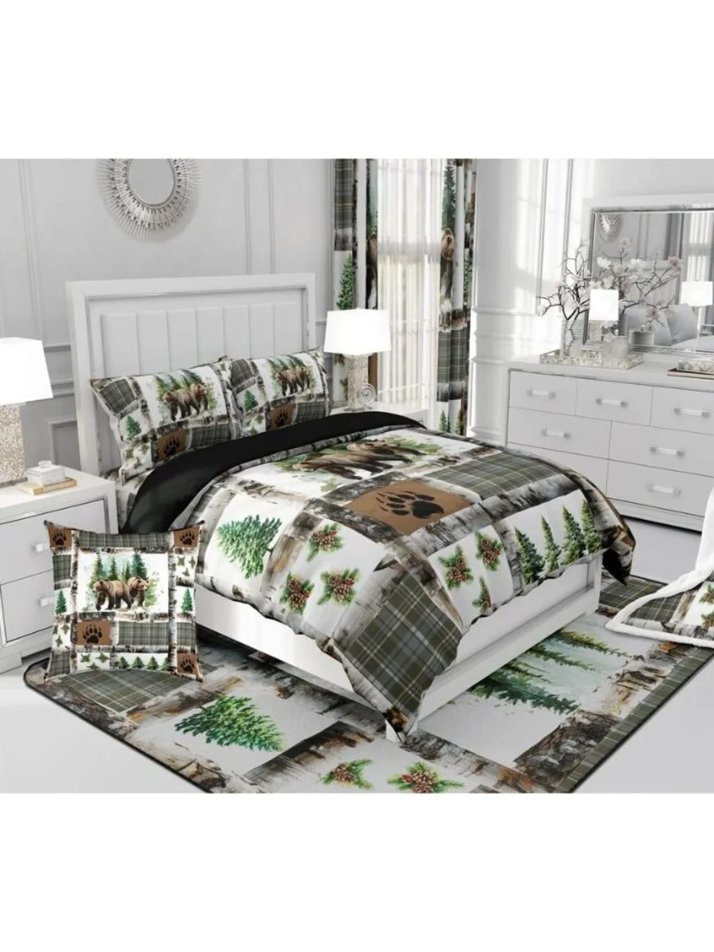 Rustic Bear Bedding Set Hunting Theme Comforter Set for Kids Boys Girls Bear Paw